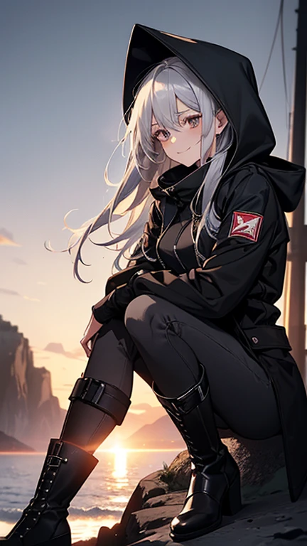 (Confused, High resolution, Very detailed), 1 female, Silver Hair,Long Hair,Reddish brown eyes,boots,Wearing a hood,Black coat,Black skinny jeans,Black and white pilot suit,,Small breasts,Age 25,Beautiful woman,Adult female,,thin,quiet,Calm,shy little smile,Coast at dawn