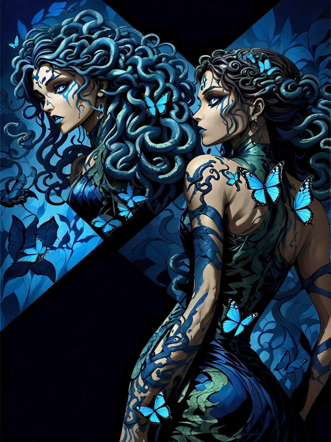 Medusa, a different shade of blue, spectrum of light to dark blues, only blues, shades and hues of rich blue, showcase intricate ornate ominous blue butterfly