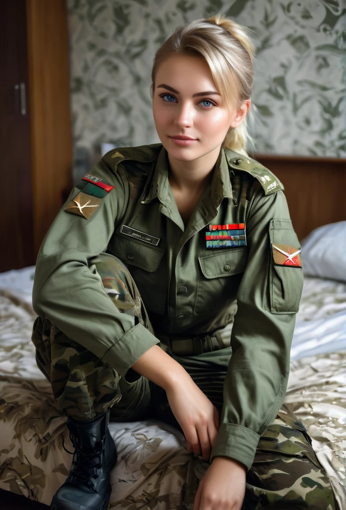 Masterpiece, a Russian 24 years old young female militray conscript at a Russian base in Easterne Europe, She is wearing a Russian pattern camo military pants, a military kaki shirt and military shoes. She is relaxing in a military bedroom with a shower in the background. Her gear is on a bed, she has a beautiful and relaxed face. She has short blonde hair in a ponytail with grey-blue eyes. her skin is pale. relaxed pose, happy expression, relaxing, slightly seductive. there is a woman in a military uniform sitting on a bed, infantry girl, military girl, beautiful female soldier, resting after a hard mission, soldier girl, portrait of cute soldier girl, portrait of soldier girl, mechanized soldier girl, portrait of a female soldier, realistic soldiers, ready for combat, sergey zabelin, infantry girls, soldier, in a soldier uniform, 16K, ultra high resolution photorealistic, UHD, RAW