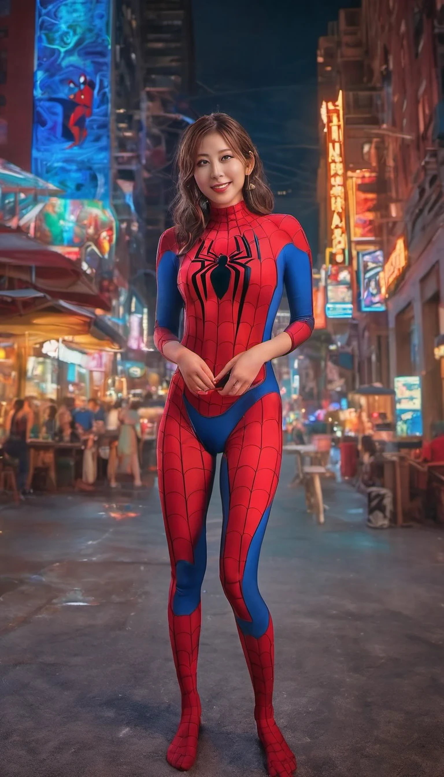 (Highest image quality, realistic depiction),(Body slippery with lotion,sweaty body),a choker,fullnude,(artistic all naked art),Colossal tits,(A beautiful woman expressing spider-man with navy and red body paint,Colossal tits,leg up,),Beautiful neon-lit downtown area with lively nightlife