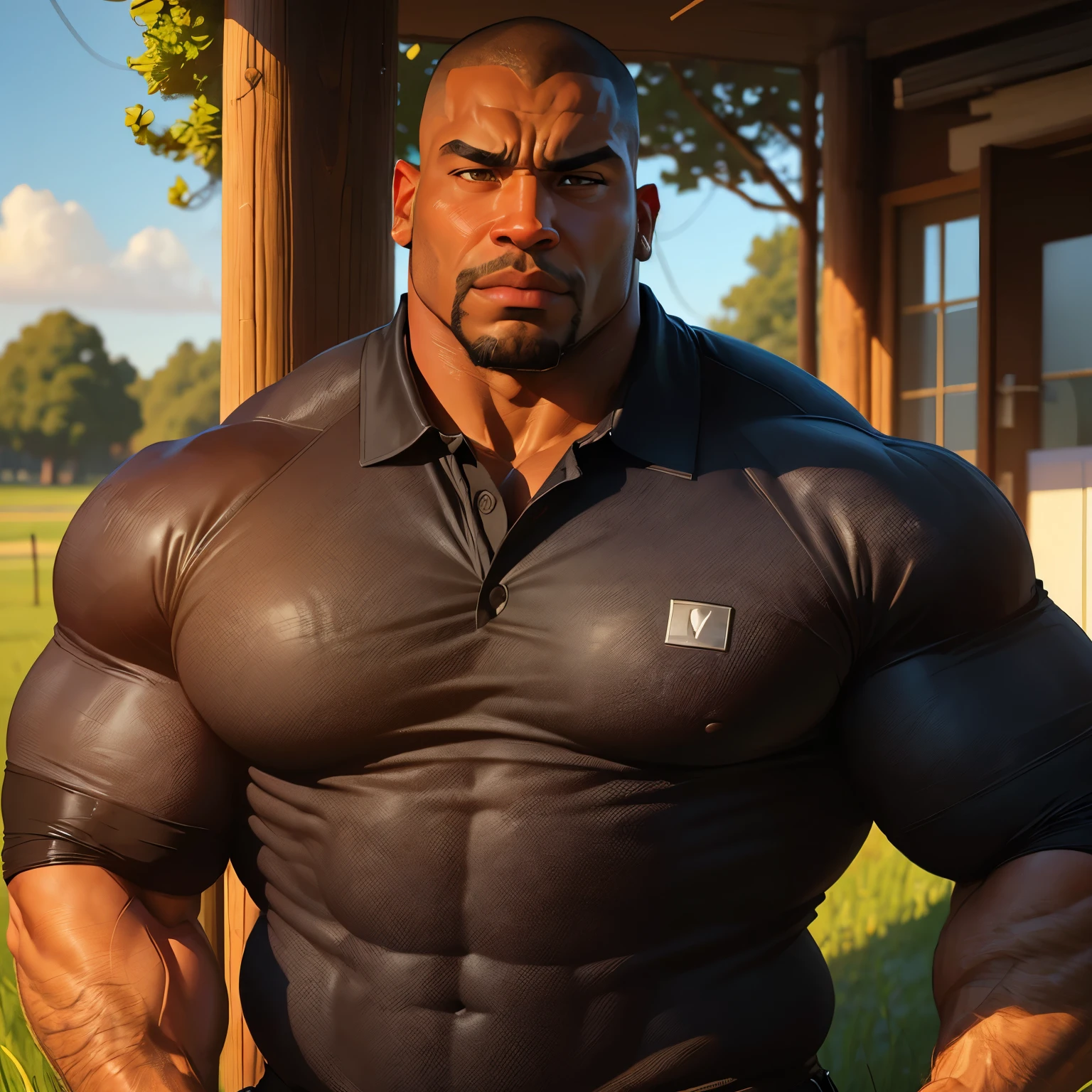 an exaggeratedly muscular and large bodyguard, beefy build, goatee, dark-skinned african american male, buzzcut hair with square line, (confused expression: 1.2), (wearing polo shirt: 1.2), shirt fabric stretches tight around his pecs, (bara pecs: 1.3), (arm and chest hair: 1.1), portrait HD, lumberjack, (sunny grassy field)