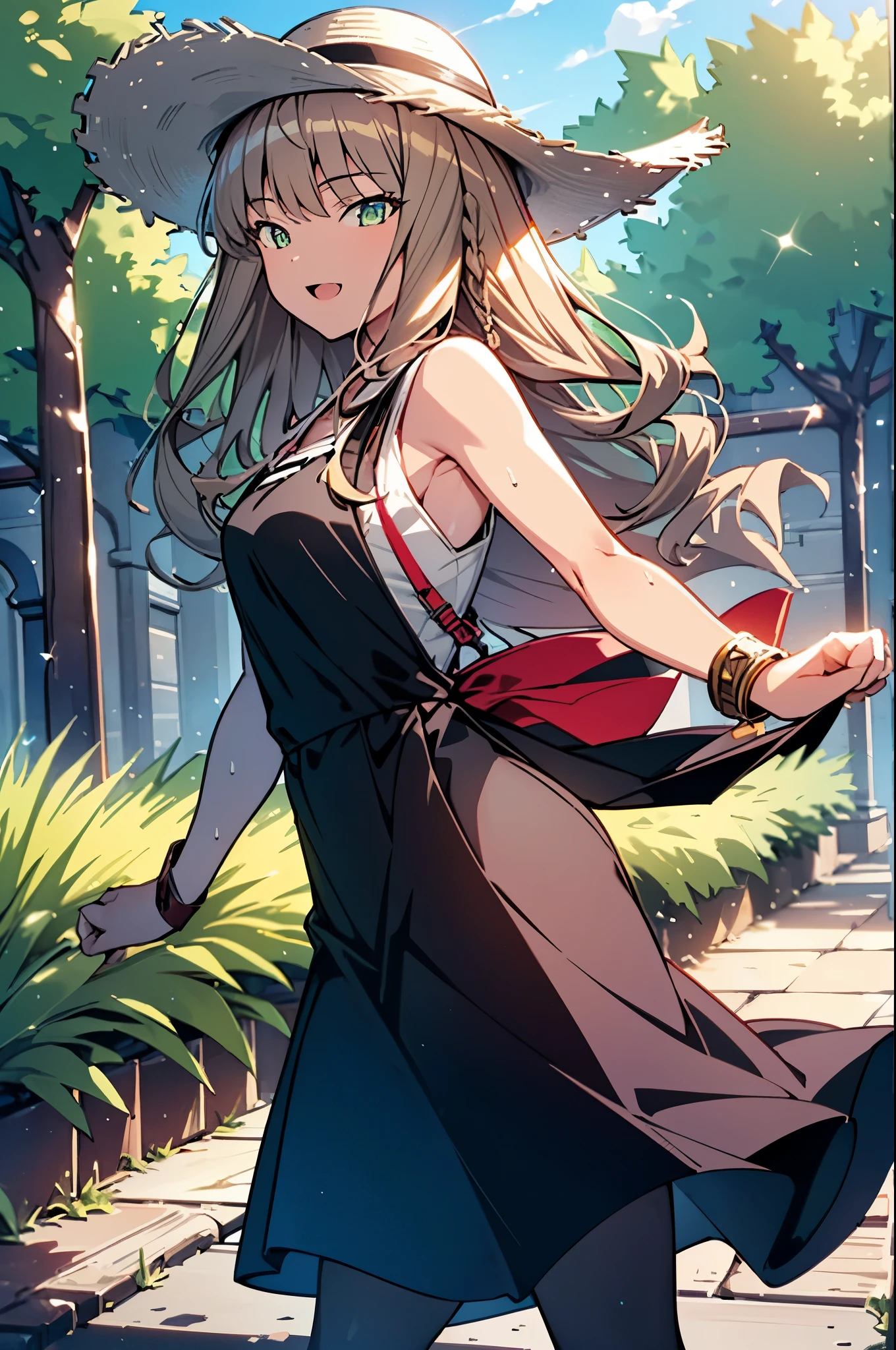 8k,highest quality,masterpiece,The seeds of a southern dream,The seeds of a southern dream sss Dynazenon,Brown Hair,Long Hair,Green Eyes,Short braided hair,happy smile, smile, Open your mouth,Big straw hat,Sleeveless dress,Bare arms,Long skirt,Cute heeled sandals,Building district,Clear skies,Daytime,(Cowboy Shot:1. 5),(masterpiece:1.2), highest quality, High resolution, unity 8k wallpaper, (shape:0.8), (Beautiful and detailed:1.6), Highly detailed face, Perfect lighting, Highly detailed CG, (Perfect hands, Perfect Anatomy),
