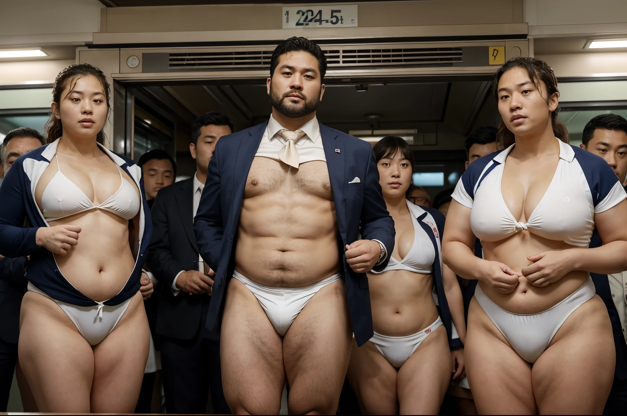 A stocky chubby Japanese man in his 40s, a former rugby player with a short beard and wearing a suit jacket and tie, standing in a crowded train with only white competitive swim suits underneath spread legs a part wide open
