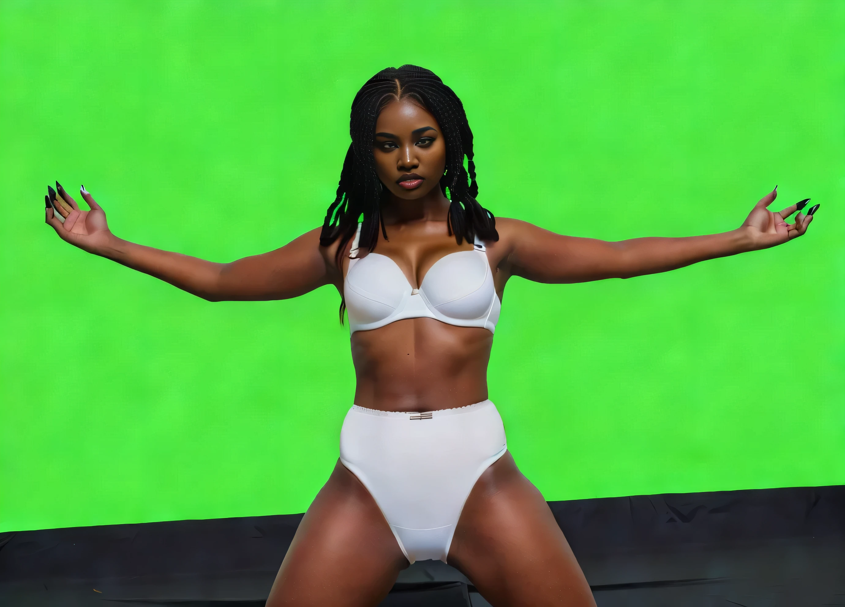 ((masterpiece, best quality)), ((30 year old)), (((Curvy))), ((Black woman with long black braids)), in ((white cotton high cut panties)), ((white sports bra)), ((wide hips)), (standing in front of a green screen), nose ring, black fingernails, (((photo realistic)))