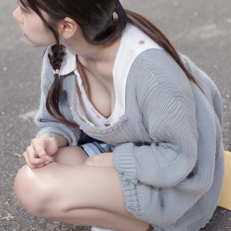 highest quality, Ultra-high resolution, Highly detailed skin, Physically Based Rendering,（shirt with wide open chest、mini skirt),((from below))) ,(((Young face of 18 years old,Japan Schoolgirls、Place both hands on the ground、Topless leaning forward,No bra)))(((panty shot.showing panties,squatting,open legs wide)))(((Small breasts, Nipples are visible, from the front,))),(Japanese school girl uniform),(Blurred Background:1.2), (Cleavage), (Show me her white panties)Long black hair, open chest shirt