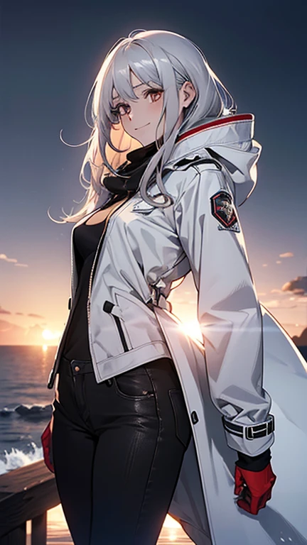 (Confused, High resolution, Very detailed), 1 female, Silver Hair,Long Hair,Reddish brown eyes,boots,Wearing a hood,White long coat,Skinny jeans,Black and white pilot suit,,Small breasts,26 years old,Beautiful woman,Adult female,,thin,quiet,Calm,shy little smile,Coast at dawn
