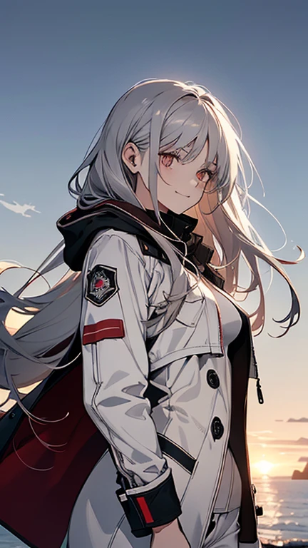 (Confused, High resolution, Very detailed), 1 female, Silver Hair,Long Hair,Reddish brown eyes,boots,Wearing a hood,White long coat,Skinny jeans,Black and white pilot suit,,Small breasts,26 years old,Beautiful woman,Adult female,,thin,quiet,Calm,shy little smile,Coast at dawn
