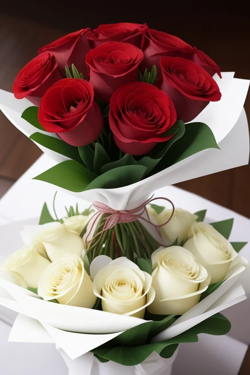a red flower in the middle of a bouquet of white flowers, being offered to the viewer of the image, realistic image, high definition, ultra realistic, detailed, 4k, 8k
