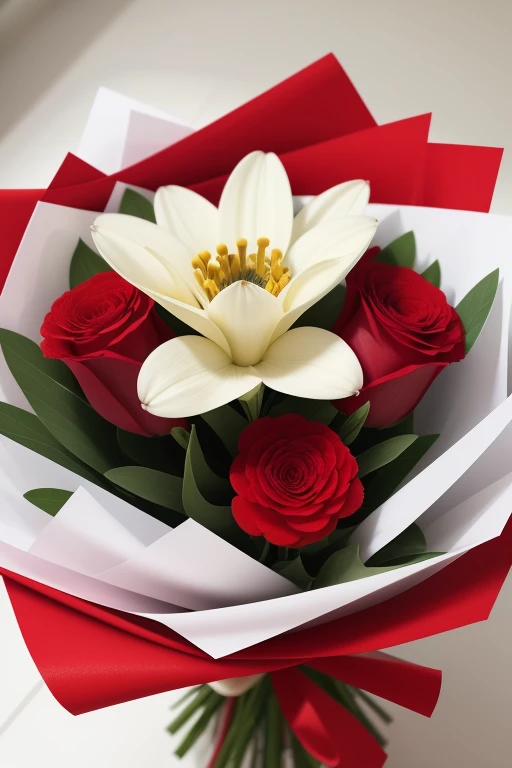 a red flower in the middle of a bouquet of white flowers, being offered to the viewer of the image, realistic image, high definition, ultra realistic, detailed, 4k, 8k