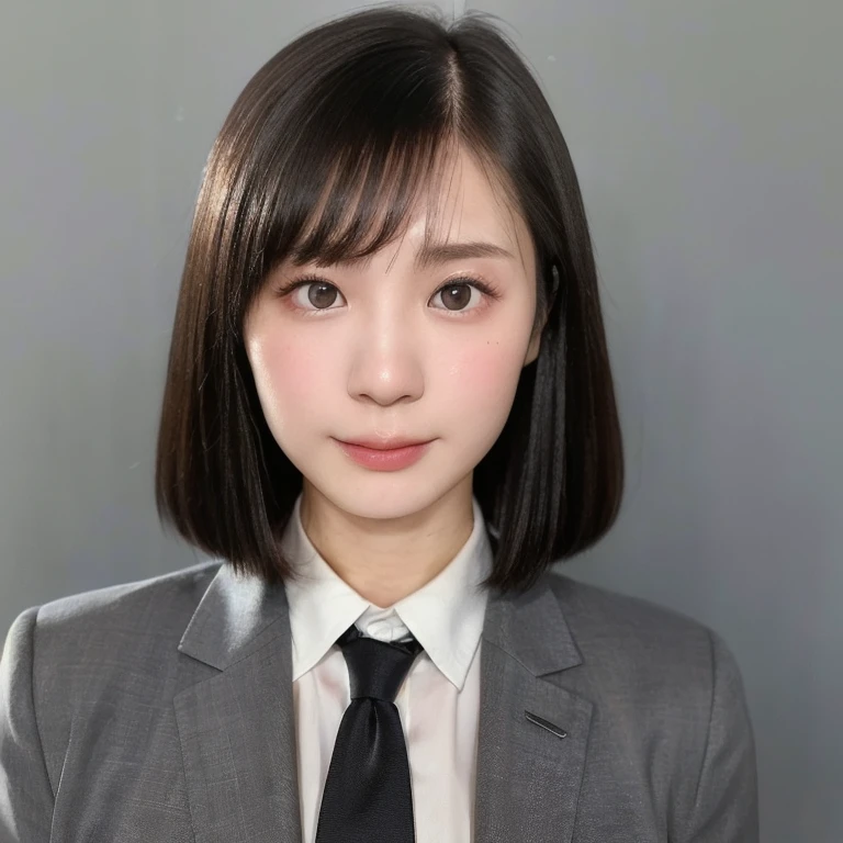 (kawaii 24 year-old Japanese girl, Nogizaka idol, Korean idol), (glossy black hair, short bob, even and symmetric hair design:1.3), (deep black eyes, rounded face, single eyelid, no makeup, serious expression:1.2), (wearing suit jacket, collared shirt, necktie:1.3), (extra small breasts:0.9), (facing straight at camera:1.2), BREAK, (simple grey background, yearbook background:1.3), (portrait, id photo, bust shot, view from straight forward:1.3), (keep enough top margin to avoid the head cropped:1.3), BREAK, (masterpiece, best quality, photo realistic, official art:1.4), (UHD, 8K quality wallpaper, high resolution, raw photo, golden ratio:1.3), (shiny skin), professional lighting, physically based rendering, award winning, (highly detailed skin, extremely detailed face and eyes), Carl Zeiss 85 mm F/1.4, depth of field, 1girl, solo,