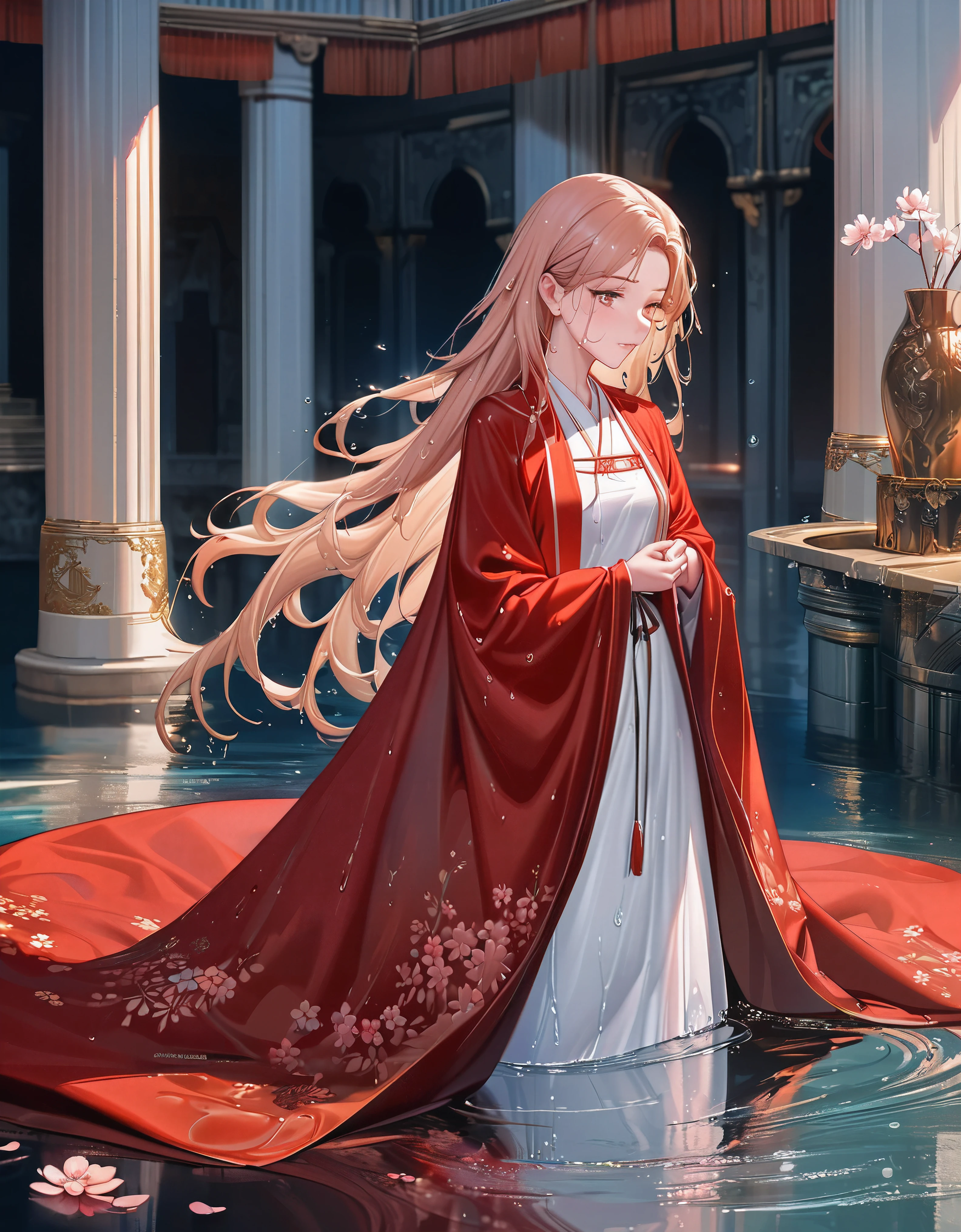 Anime girl wearing red dress，(wet, wet body, wet hair, wet skin, very wet dress, reflection on the wet dress, delicate blossom embroidery, subtle water droplets:1.15), (water spray:1.1), (best dress wrinkle, Transparent mucus wrapping), Flowing hair and red cape, by Yang J, flowing hair and long robes, A beautiful artwork illustration, Palace ， A girl in Hanfu, dressed in a beautiful red cloak, Beautiful digital artwork, inspired by Magali Villeneuve, By Li Song, Beautiful anime artwork, Anime fantasy illustration, By Leng Mei, author：Shitao