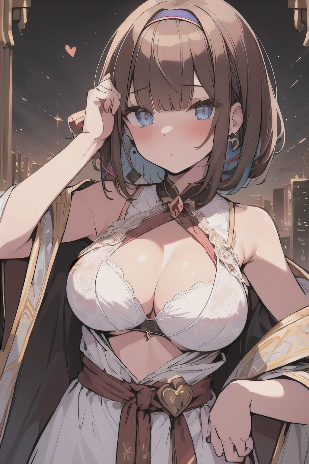 (best quality), (Super detailed), (Best Illustration), (woman), look at viewer, {(wizard robe:1.2), (show off bra:1.3)}, (large breasts), {(detailed eyes), (heart-shaped pupils), blue eyes}, {brown hair, (sideburns), (bob cut:1.3), curly hair, hairs between eyes, colored inner hair}, blush, earring, hair band, Lost City