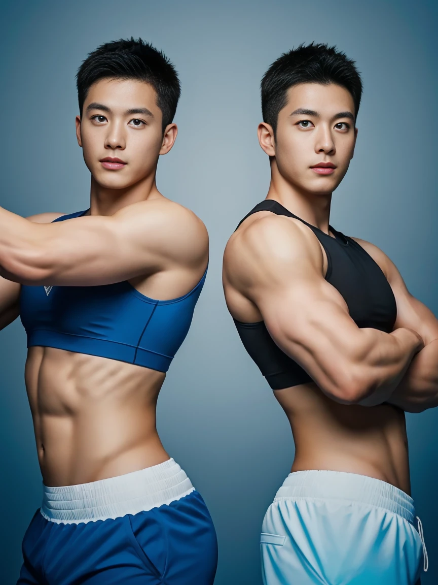 Two firefighters in their 20s，Full chest muscles，Has short black hair， blue eyes，Sexy and charming expression，Wear white training clothes、Blue shorts, 大包Convex显亮点，Convex，high resolution, masterpiece, best quality, head:1.3,((Hasselblad Photo)), Delicate skin, Stay focused, (Movie Lighting), night, Soft Light, Dynamic Angle, [:(Delicate face:1.2):0.2],(((exercise))), kinetic, Arm muscles are big, Hands on hips.