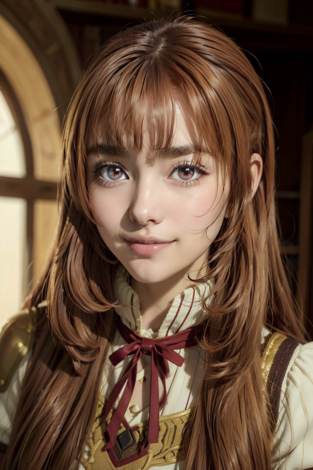 raphtalia long brown hair, Hermoso rostro, sonrisa ligera, ojos rojizos, cola, (Obra maestra:1.2), mejor calidad, absurdos, extremely decolaed wallpaper, Perfect lighting,