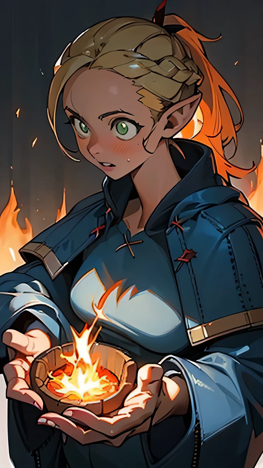 a girl's sloppy appearance mulatto with ponytail black hair, fire, black T-shirt, flames, elegant, digital painting, concept art, sharp focus, illustration