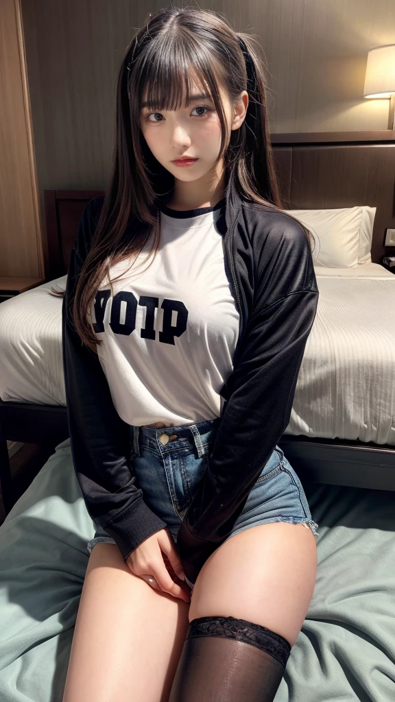 muste piece, best quality, illustration, Super detailed, fine details, High resolution, 8K,wall paper, perfect dynamic composition,(Details High quality, realistic depiction of eyes:1.3), (Fashionable, Baseball Jacket, Oversized T-shirt, a denim miniskirt), ((trait connection)), long straight hair, black hair color, Big Natural Color Lip, crying a little、cold gaze, Harajuku style、20 year old girl、cute type、ta、beautiful legs, hotel room, Gravure Idol, Voluptuous thighs