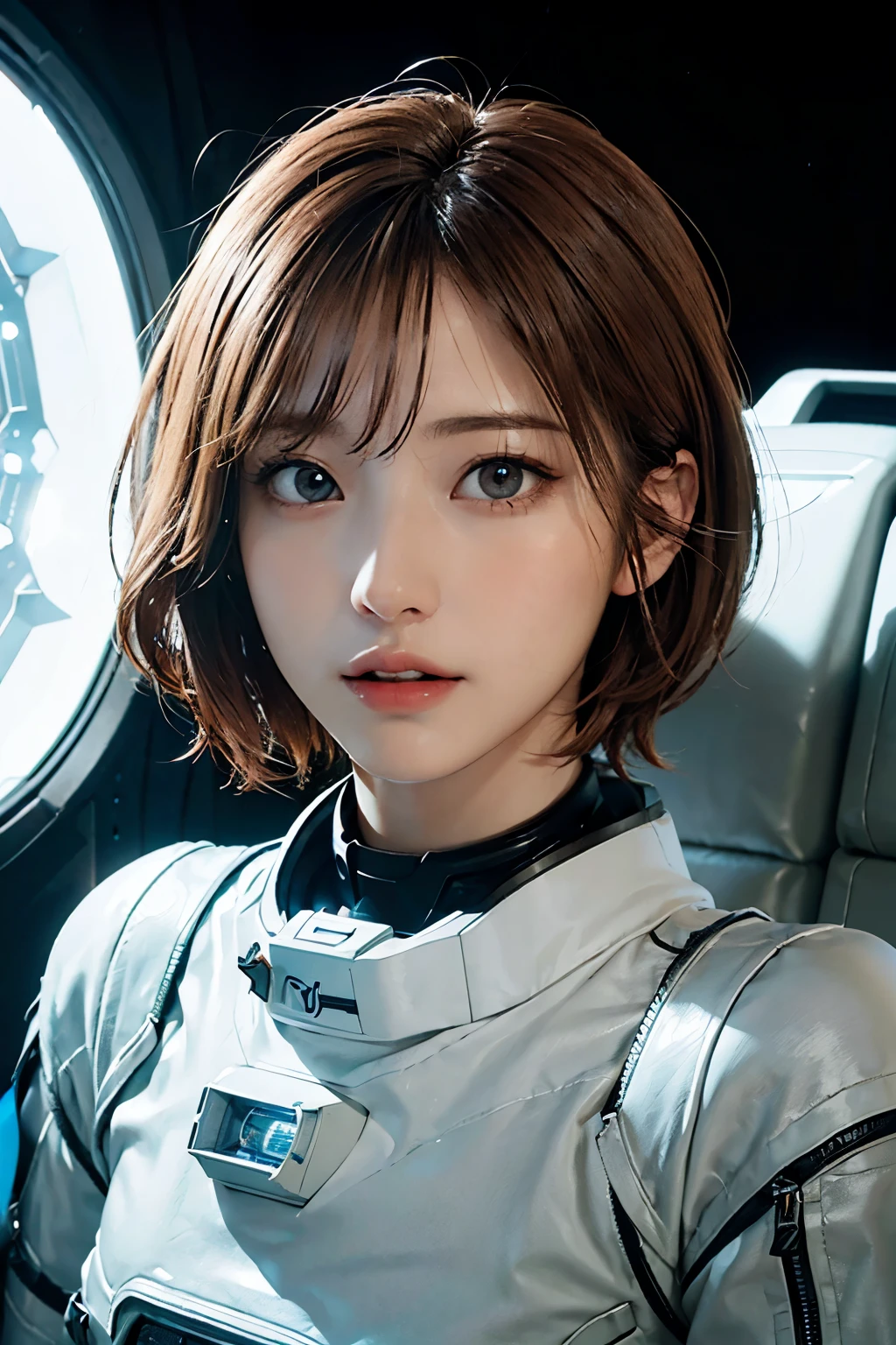 Ultra-high resolution、(Real:1.4)、One beautiful woman、Beautifully detailed eyes and skin、Light brown short hair、Full space suit、Space Station、Spaceship、Remains、Cloudy、Sci-Fi Taste、Movie quality、dramatic、Dramatic composition、