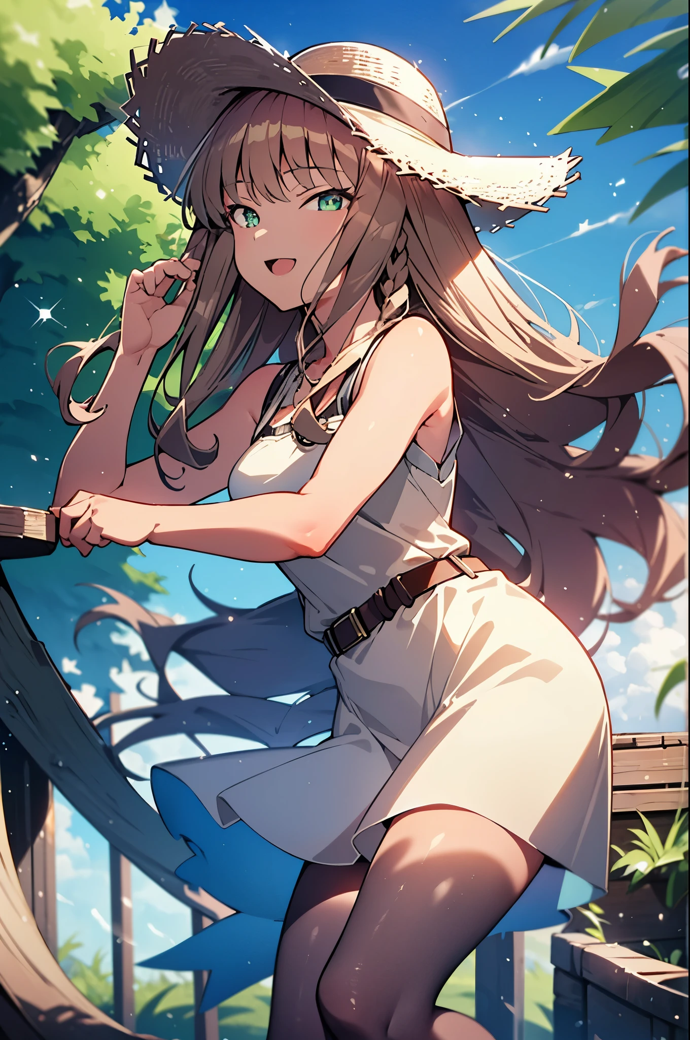 8k,highest quality,masterpiece,The seeds of a southern dream,The seeds of a southern dream　sss Dynazenon,Brown Hair,Long Hair,Green Eyes,Short braided hair,happy smile, smile, Open your mouth,Big straw hat,Sleeveless dress,Bare arms,Long skirt,Cute heeled sandals,Building district,Clear skies,Daytime,(Cowboy Shot:1. 5),(masterpiece:1.2), highest quality, High resolution, unity 8k wallpaper, (shape:0.8), (Beautiful and detailed:1.6), Highly detailed face, Perfect lighting, Highly detailed CG, (Perfect hands, Perfect Anatomy),