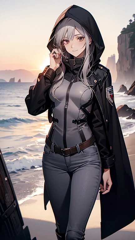 (Confused, High resolution, Very detailed), 1 female, Silver Hair,Long Hair,Reddish brown eyes,boots,Wearing a hood,Grey long coat,Skinny jeans,Black and white pilot suit,,Small breasts,26 years old,Beautiful woman,Adult female,,thin,quiet,Calm,shy little smile,Coast at dawn
