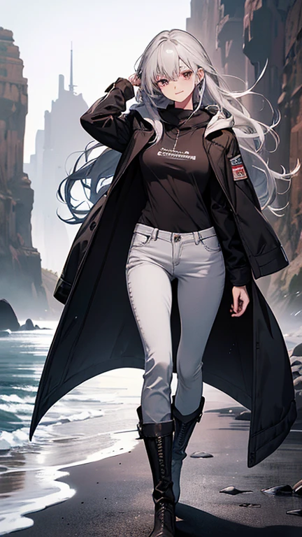 (Confused, High resolution, Very detailed), 1 female, Silver Hair,Long Hair,Reddish brown eyes,boots,Wearing a hood,Grey long coat,Skinny jeans,Black and white pilot suit,,Small breasts,26 years old,Beautiful woman,Adult female,,thin,quiet,Calm,shy little smile,Coast at dawn