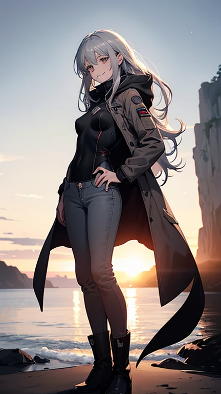 (Confused, High resolution, Very detailed), 1 female, Silver Hair,Long Hair,Reddish brown eyes,boots,Wearing a hood,Grey long coat,Skinny jeans,Black and white pilot suit,,Small breasts,26 years old,Beautiful woman,Adult female,,thin,quiet,Calm,shy little smile,Coast at dawn