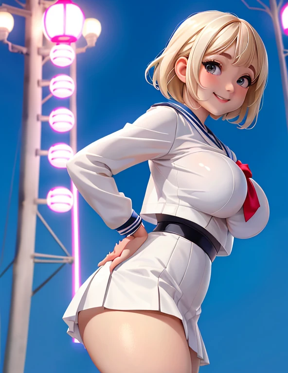 8k quality, Japanese , white sailor suit, black skirt, shy, sexy, clean body, blonde hair, massive breasts, shy, short hair, lies, arched, chubby, wide hips, smiling, Skirt Lift、Self Lift、panties、lingerie、Outdoor、