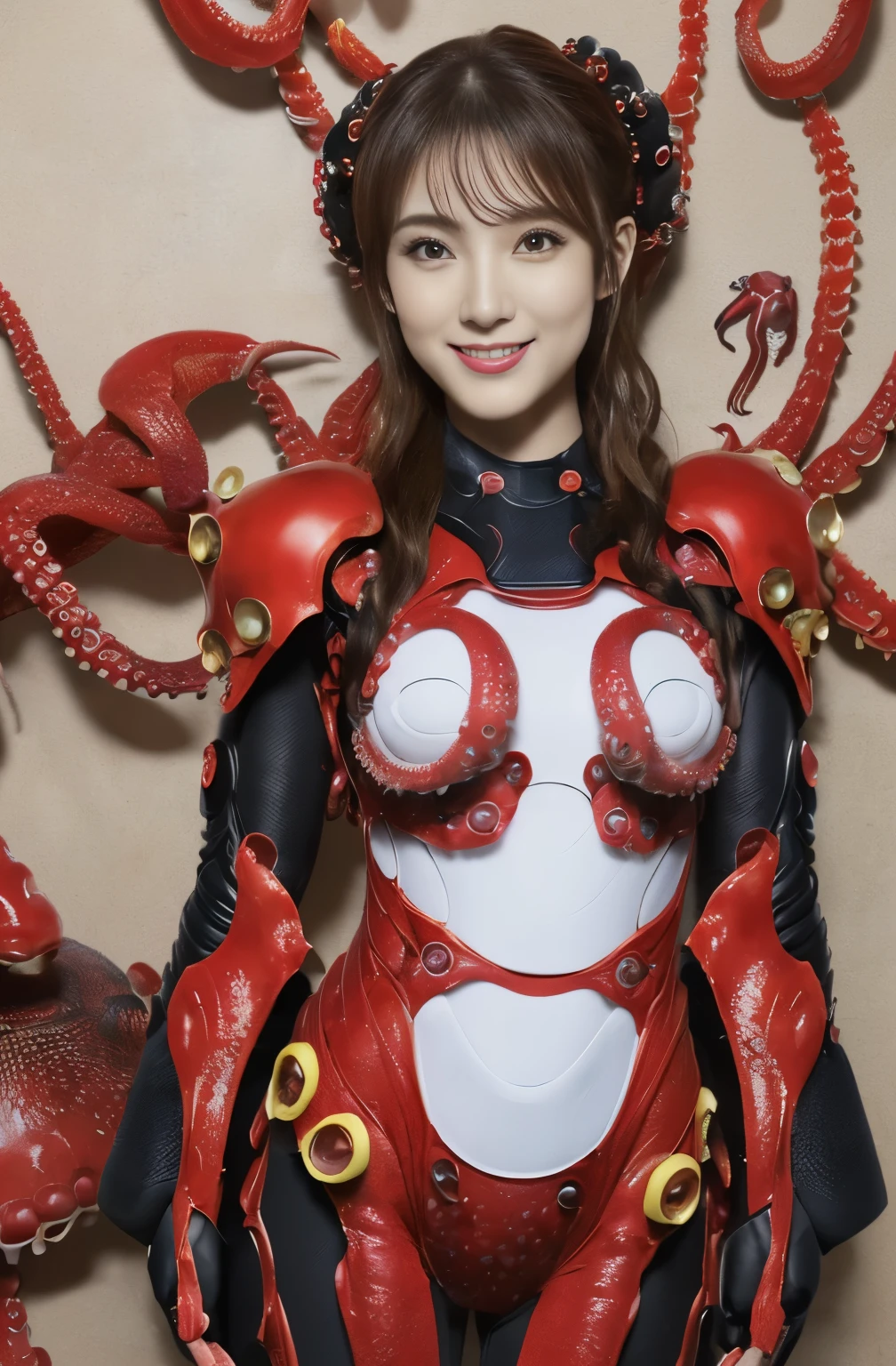 (high resolution,masterpiece,best quality,extremely detailed CG, anime, official art:1.4), realistic, photo, amazing fine details, all intricate, gloss and shiny,awesome many layers, 8k wall paper, 3d, sketch, kawaii, illustration,( solo:1.4), perfect female proportion,villainess, (fusion of octopus and lady:1.4), (octopus form lady:1.2), (octopus lady:1.2), (fusion:1.2), (solo:1.4), (evil smile:1.2), muscular, abs, (octopus exoskeleton bio insect suit:1.4), (octopus red exoskeleton bio insect armor:1.2), (red octopus antennae:1.3), feeler