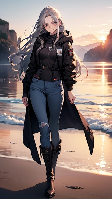 (Confused, High resolution, Very detailed), 1 female, Silver Hair,Long Hair,Reddish brown eyes,boots,Wearing a hood,Long navy blue coat,Skinny jeans,Black and white pilot suit,,Small breasts,26 years old,Beautiful woman,Adult female,,thin,quiet,Calm,shy little smile,Coast at dawn

