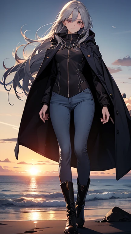 (Confused, High resolution, Very detailed), 1 female, Silver Hair,Long Hair,Reddish brown eyes,boots,Wearing a hood,Long navy blue coat,Skinny jeans,Black and white pilot suit,,Small breasts,26 years old,Beautiful woman,Adult female,,thin,quiet,Calm,shy little smile,Coast at dawn
