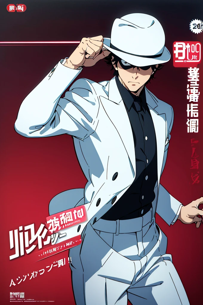 (8k resolution, best quality, masterpiece, minimalist, simplistic detail, anime) solo: 2, MuzanMale, comic cover, white tuxedo, fedora, open suit, shirt, male focus, adult, comic cover, textless, incoming punch, epic battle fantasy,