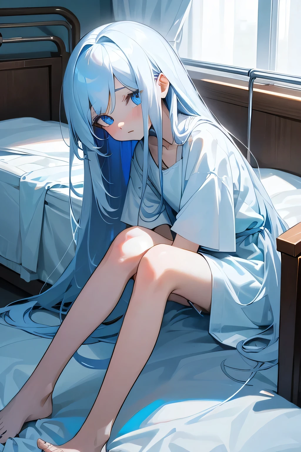 White long hair,Blue pupils,Fair skin,Very gentle,Very petite,emaciated,Small Eyes,Height 1.59 meters,Long bangs,Wearing a blue-and-white hospital gown,Paled face,Sitting on the bed,He was covered with a white quilt
