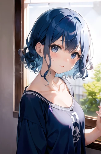 Dark light blue hair,Curly Hair,morning日を見ている,morning,girl