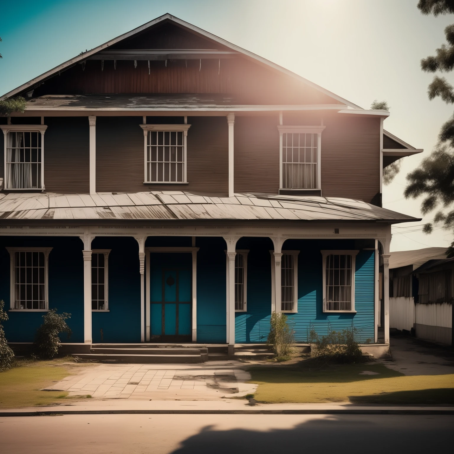 A mysterious boarding house, Rumah Kost-Kostan, with a faint yet persistent trace of blood stains on its exterior walls up to the second floor. The once vibrant and inviting facade now carries an ominous aura, with peeling paint and faded colors. The atmosphere is tense and uncertain, as if harboring hidden secrets and dark pasts. The sun casts long shadows on the uneven pavement, adding depth to the intricate texture of the cracked concrete. The tranquility of the neighborhood is disrupted, as whispers of the strange occurrences circulate among the residents. Despite the danger that lurks within its walls, the boarding house remains an allure
