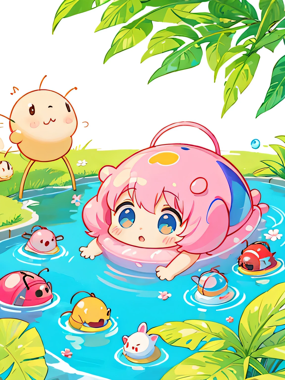 Momoko Sakura style, Kawaii Design, Chibi, Hot Summer Afternoon、Lots of friendy friend is a pillbug、lovely colorful pillbug、(((Pepsi)))、Playing in the water naked
