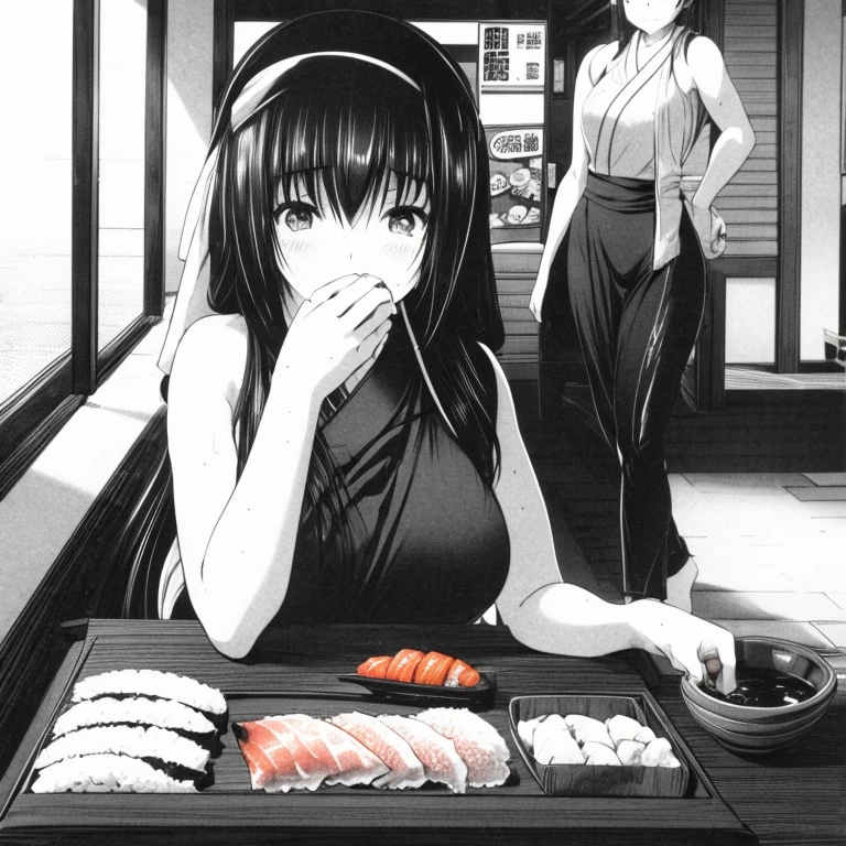 A woman with a towel on her head eating sushi at a food stall Tight clothing highest quality A large amount of sushi is lined up on the table Full Color