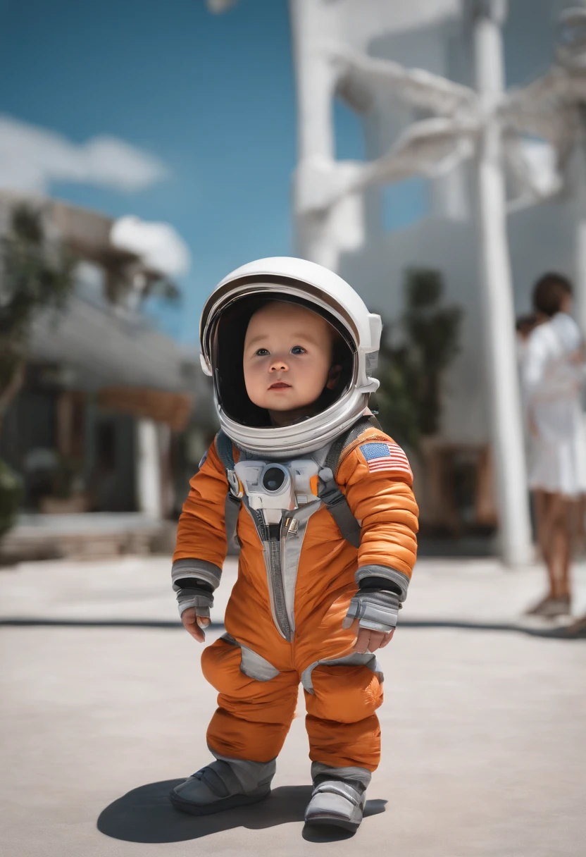 一个快乐可爱的child站着短发, Wearing a space suit, , White background, child, Tom, Pixar style, ....3D, cartoon, Detailed face, Asymmetric 16k
