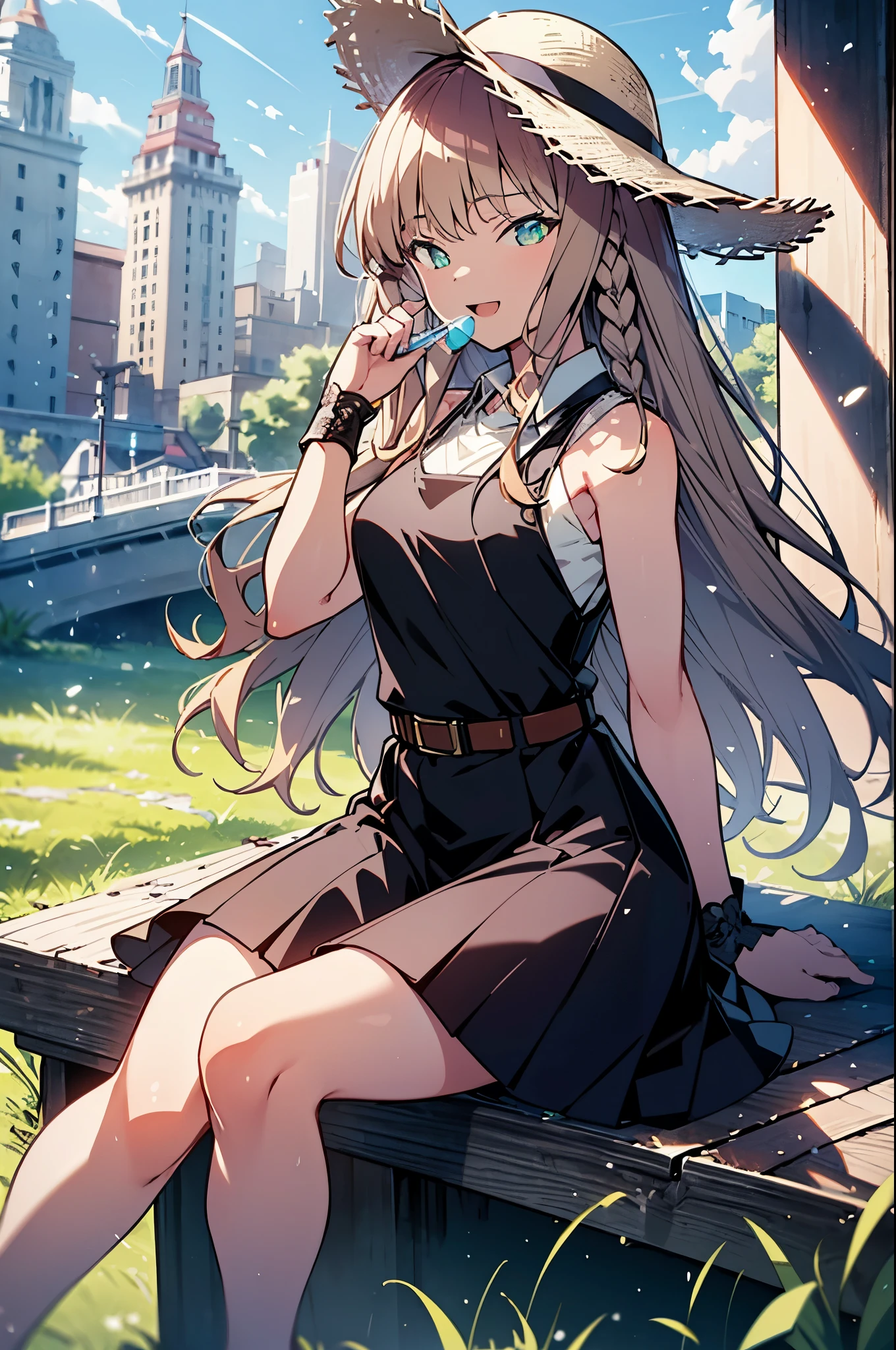 8k,highest quality,masterpiece,The seeds of a southern dream,The seeds of a southern dream　sss Dynazenon,Brown Hair,Long Hair,Green Eyes,Short braided hair,happy smile, smile, Open your mouth,Big straw hat,Sleeveless dress,Bare arms,Long skirt,Cute heeled sandals,Building district,Clear skies,Daytime,sitting on a park bench,(Cowboy Shot:1. 5),(masterpiece:1.2), highest quality, High resolution, unity 8k wallpaper, (shape:0.8), (Beautiful and detailed:1.6), Highly detailed face, Perfect lighting, Highly detailed CG, (Perfect hands, Perfect Anatomy),