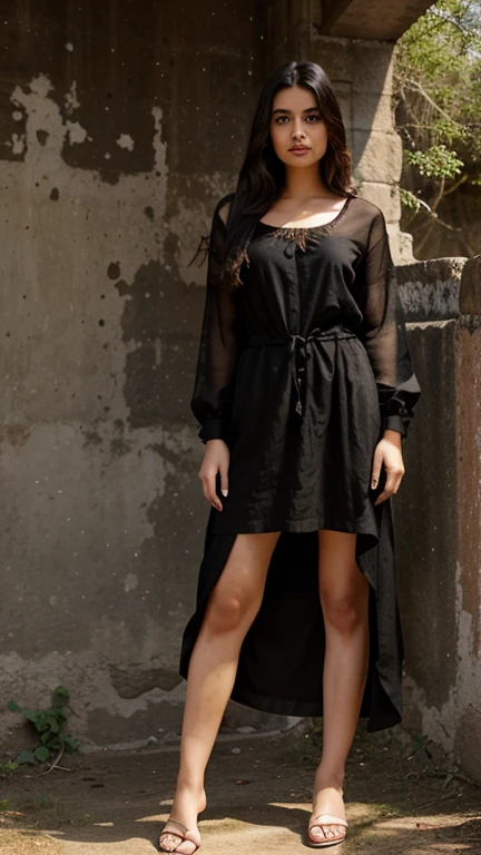 full body shot of, a 21 year old woman, wearing black Indian dress, day scenery