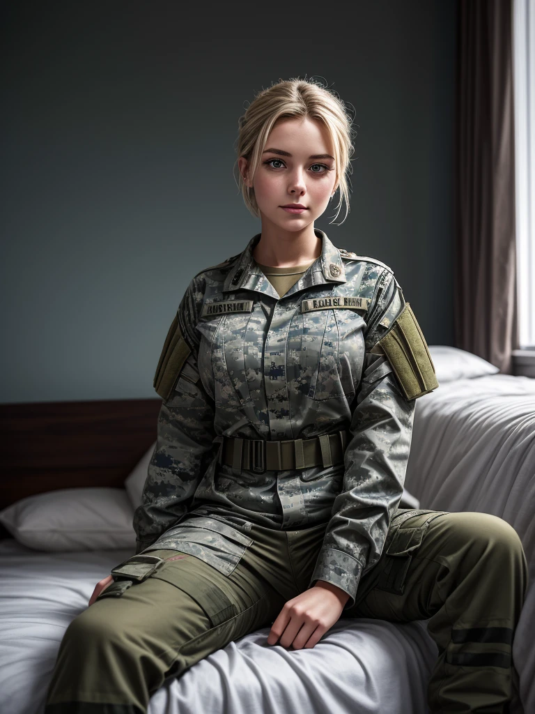 Masterpiece, a British 24 years old young female [Elizabeth II:Maude Adams:0.45] militray conscript at a British base in Northern Europe, She is wearing a  British pattern  camo military pants, a military kaki shirt   and military shoes. She is relaxing in a military bedroom with a shower in the background. Her gear is on a bed, she has a beautiful and relaxed face. She  has short blonde  hair in a ponytail with  grey-blue eyes. her skin is pale. relaxed pose, happy expression, relaxing, slightly seductive. there is a woman in a military uniform sitting on a bed, infantry girl, military girl, beautiful female soldier, resting after a hard mission, soldier girl, portrait of cute soldier girl, portrait of soldier girl, mechanized soldier girl, portrait of a female soldier, realistic soldiers, ready for combat, sergey zabelin, infantry girls, soldier, in a soldier uniform, 16K, ultra high resolution photorealistic, UHD, RAW