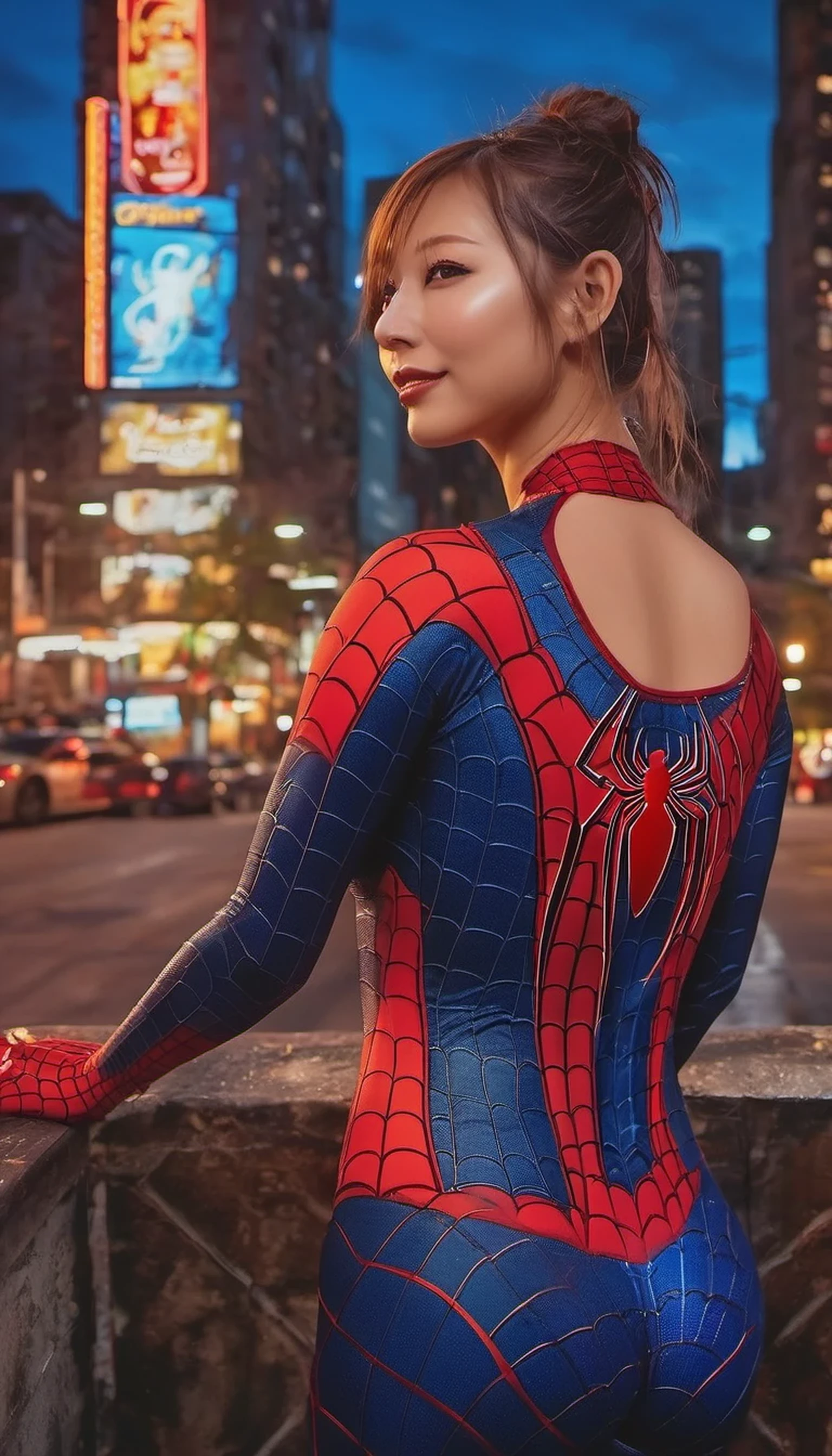 (Highest image quality, realistic depiction),(Body slippery with lotion,sweaty body),a choker,fullnude,(artistic all naked art),Colossal tits,(A beautiful woman expressing spider-man with navy and red body paint,Colossal tits,leg up,),Beautiful neon-lit downtown area with lively nightlife
