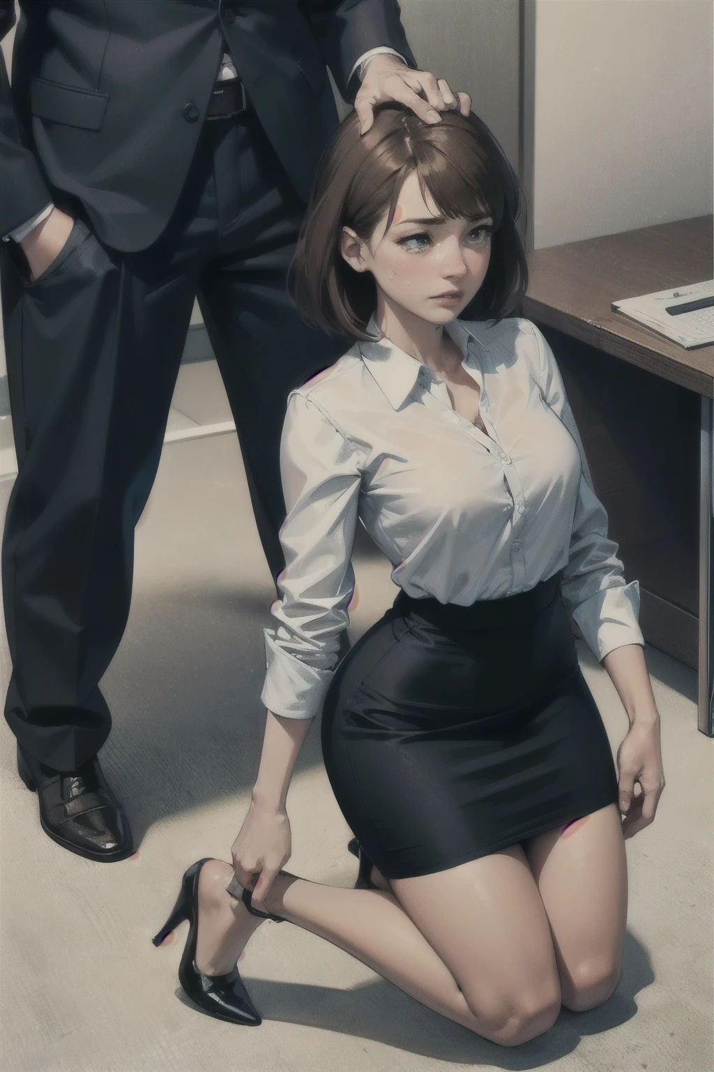 ((highest quality)), ((masterpiece)), (be familiar with), (High definition), (Real), 8K, Best Shadow, Side lighting, Cinematic、Low contrast、(Complex:1.4)、(An office lady is kneeling with her head being held by a tall man in a suit), (Crying face:1.0), milf, business suit, (Pencil Skirt, High stockings), Top-down view, (Bright office reception room)