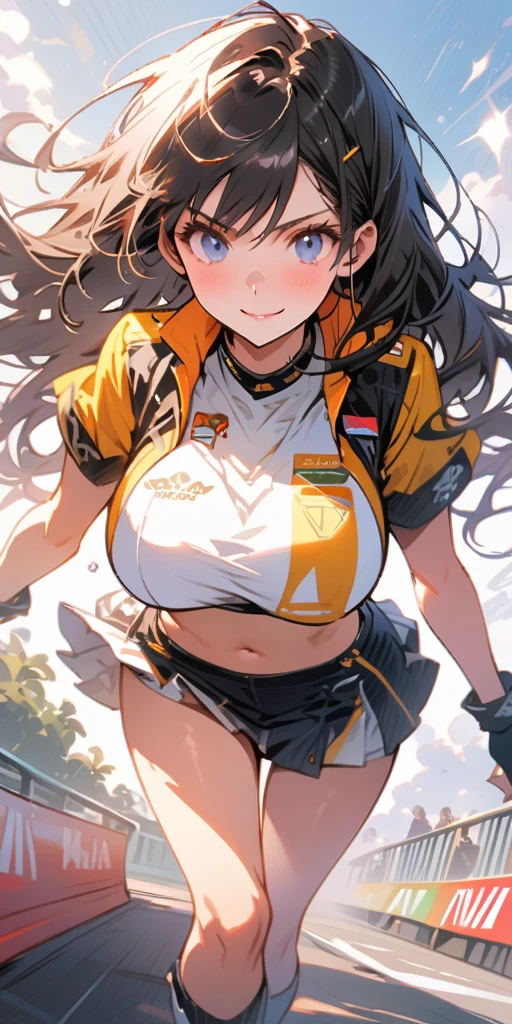 Ultra-high resolution, 1 Girl, 18 years old, (Idols:1.4), (Famous actresses :1.4), (Beautiful detailed face:1), Bangs, (Multicolor floating hair), Skin Dentition, Light makeup, (Beautiful big breasts:1.3), (Sparkling Skin:1.1), Shiny skin, Long limbs, Slim, Hanging breasts:1.3, Narrow waist, Medium Hips, Slim legs, Slim太もも, Dynamic Lighting, Sexually suggestive faces, Glossy texture, Lipstick, V-shaped eyebrows, V Line Jaw, Looking at the Viewer, (Long Hair:1.3), (Perfect Face:1.4), ((Strong winds)), Flowing hair, audience, (A shy smile:1.3), blue sky, (((Monte Carlo Street Circuit))), (((Racing Car))), (((Racing Bike))), ((Promotion Girl:1.3)), ((Grid Girls:1)), Pink Lips, Light makeup, (Detailed promotional costumes are intricately worn:1.10), Lace-up boots, Short sleeves, Cropped tops, ((Short jacket:1)), (Tube Top Bra:1), Knee-high, (((Nylon short-sleeve jacket with many logos))), (Glitter long nylon pleated skirt with logo), Small Ass, ((Promotional wear with logo:1.3)), (((Shiny silver and metallic gold glitter promotional wear))), Fingerless gloves, Black Hair, Brown hair, Red Hair, Blue Eyes, Walking, audience,