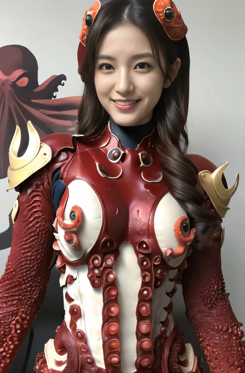 (high resolution,masterpiece,best quality,extremely detailed CG, anime, official art:1.4), realistic, photo, amazing fine details, all intricate, gloss and shiny,awesome many layers, 8k wall paper, 3d, sketch, kawaii, illustration,( solo:1.4), perfect female proportion,villainess, (fusion of octopus and lady:1.4), (octopus form lady:1.2), (octopus lady:1.2), (fusion:1.2), (solo:1.4), (evil smile:1.2), muscular, abs, (octopus exoskeleton bio insect suit:1.4), (octopus red exoskeleton bio insect armor:1.2), (red octopus antennae:1.3), feeler