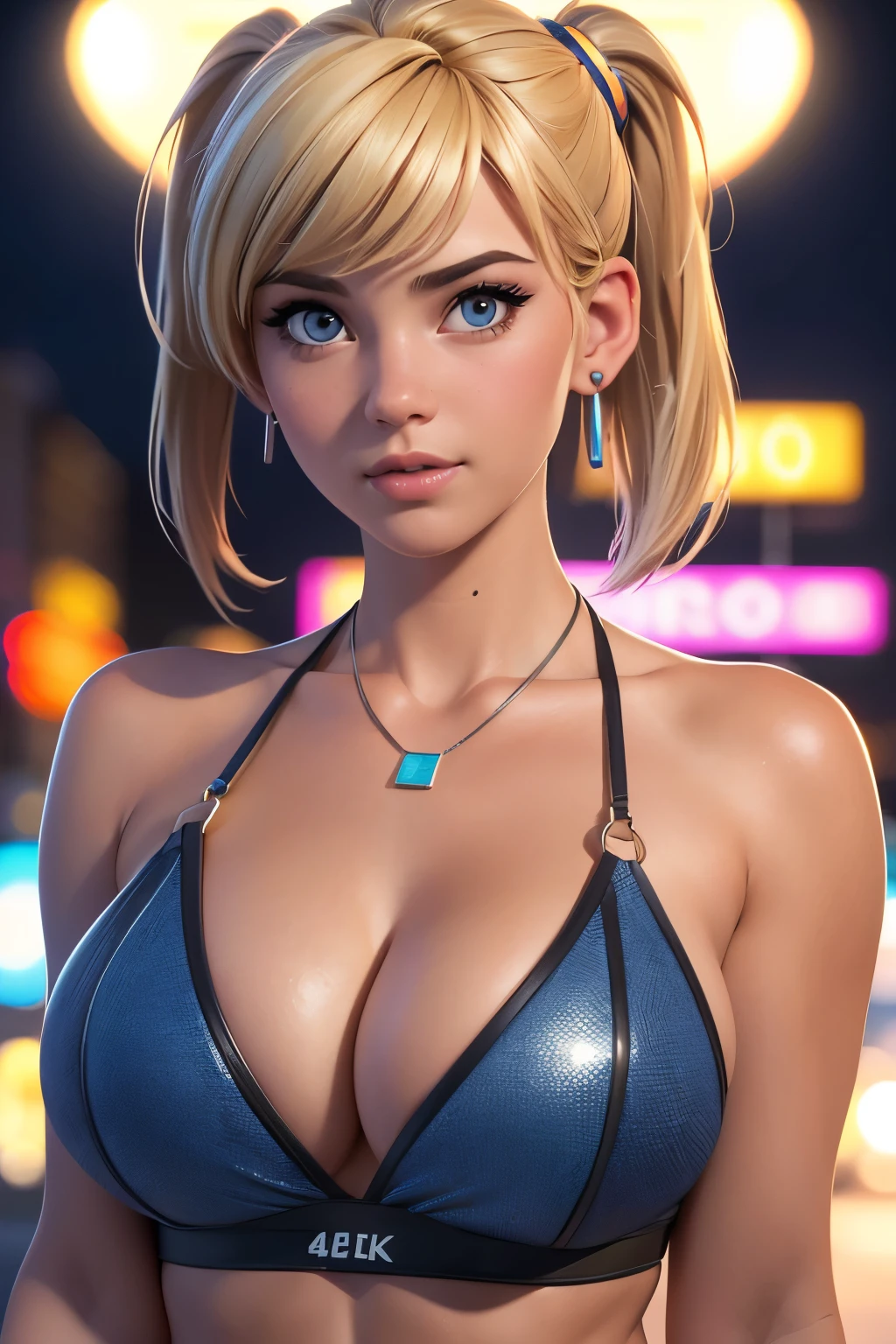 (best quality,4k,highres,ultra-detailed,realistic:1.2), a young girl, very big breasts,short blond hair with a pigtail and bangs, flat abs, Barr naked, earrings , necklace out in the street at night, neon lights and advertising, close-up portrait