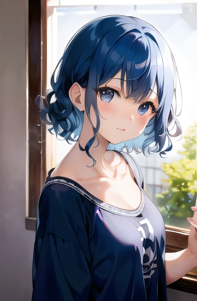 Dark light blue hair,Curly Hair,Morning sunshine,morning,girl