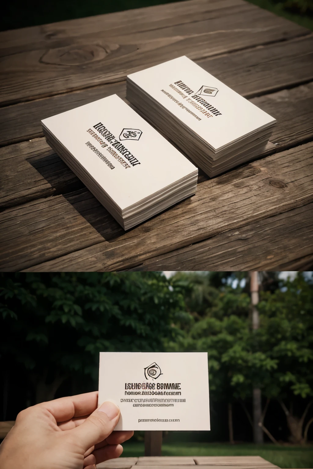 2-sided business card mockup on wood outdoors, global lighting, hyperrealistic style