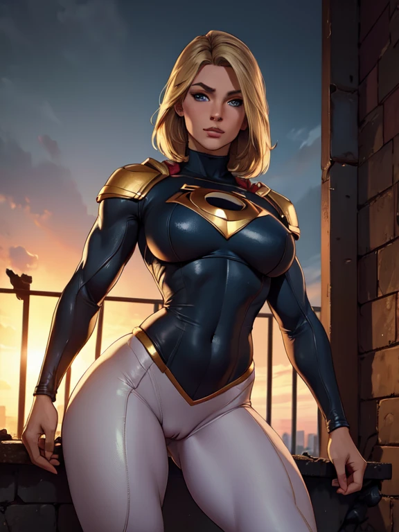 (best quality,4k,8k,highres,masterpiece:1.2),ultra-detailed,(realistic,photorealistic,photo-realistic:1.37),beautiful ((Power girl)),muscular,beautiful detailed eyes,beautiful detailed lips,longeyelashes,dark blond hair cascading down her shoulders,black leather pants,light beige sweater,full body,strong lighting,soft warm colors,blurred background,neutral expression,standing in a sunlit city in ruins, (cameltoe)