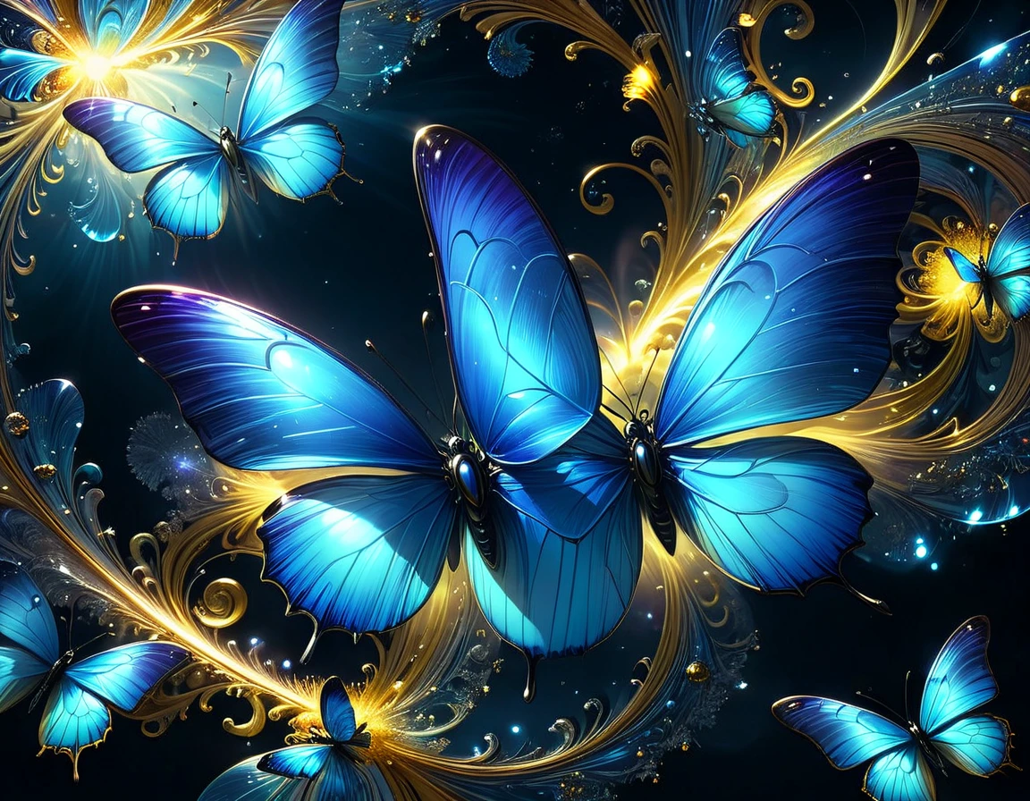 Hyperrealistic octane rendering by Philippe Vignal captures glass blue butterflies and convex objects intermingling among fractal planes with multi-colored spirals and metal reflectors, radiating subtle colored light in Miki Asai-inspired macro optics style, outer space with a super highway theme, vanishing point, high-speed feel, trending on ArtStation, ultra HD, vivid colors, digital render, digital painting, influences of Beeple, High Resolution, High Quality, Masterpiece