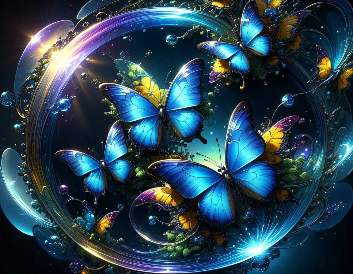 Hyperrealistic octane rendering by Philippe Vignal captures glass blue butterflies and convex objects intermingling among fractal planes with multi-colored spirals and metal reflectors, radiating subtle colored light in Miki Asai-inspired macro optics style, outer space with a super highway theme, vanishing point, high-speed feel, trending on ArtStation, ultra HD, vivid colors, digital render, digital painting, influences of Beeple, High Resolution, High Quality, Masterpiece