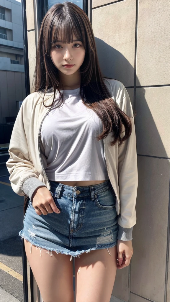muste piece, best quality, illustration, Super detailed, fine details, High resolution, 8K,wall paper, perfect dynamic composition,(Details High quality, realistic depiction of eyes:1.3), (Fashionable, Baseball Jacket, Oversized T-shirt, a denim miniskirt), ((trait connection, symmetrical docking)), long straight hair, black hair color, Big Natural Color Lip, crying a little、cold gaze, Harajuku style、20 year old girl、cute type、lolita、beautiful legs, hotel room, Gravure Idol, Voluptuous thighs